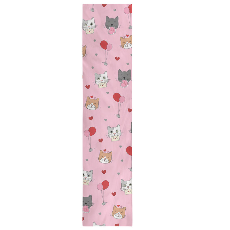 Chemin de table chats saint-valentin hol, L 90 po x l 16 po, Rose / gris / beige, Polyester