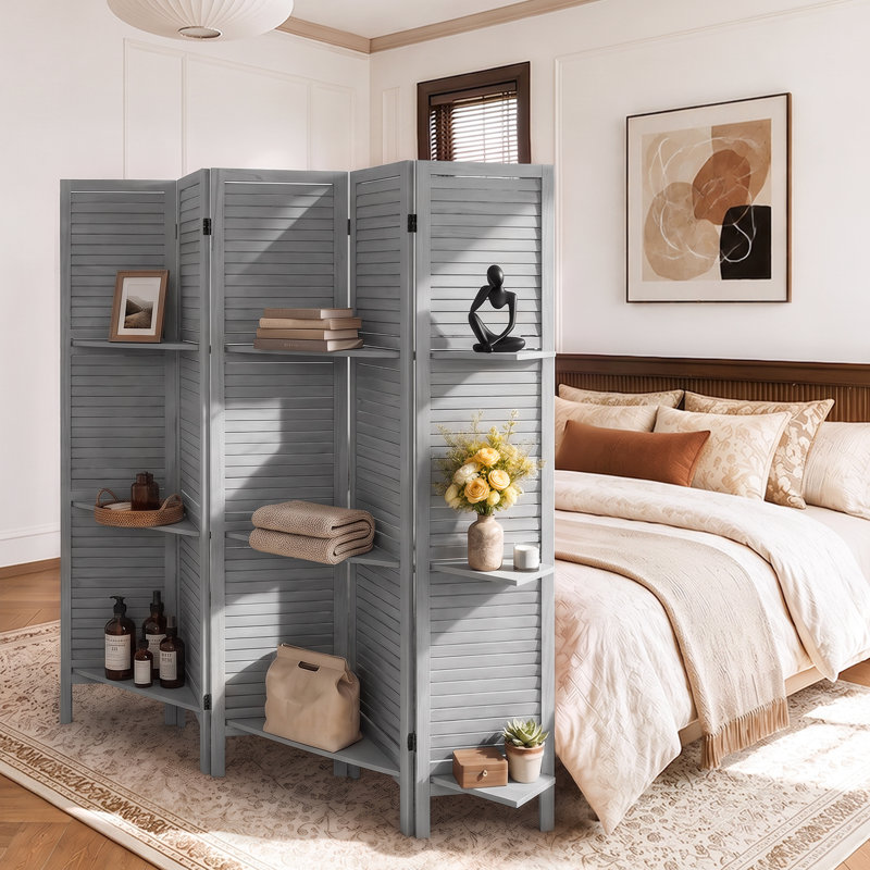 Paravent double face avec tablettes pour la séparation des pièces, 5, L 79 po x H 67 po, gris