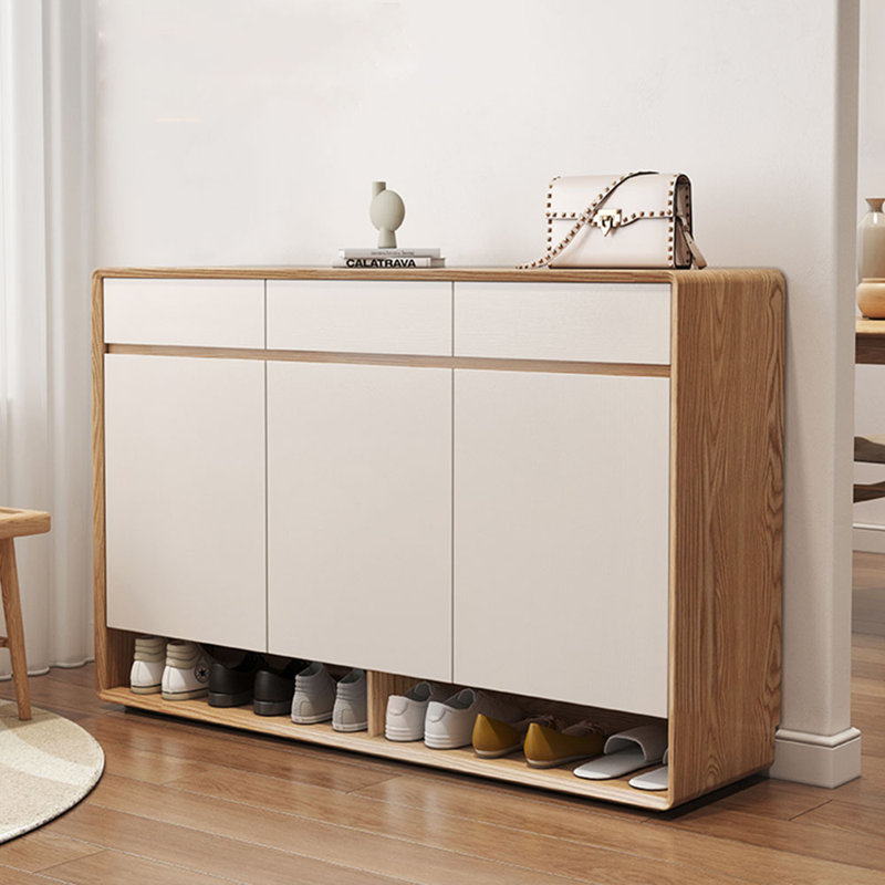 Solid Wood Shoe Cabinet One Household 20 Pair Shoe Storage Cabinet, White/Brown