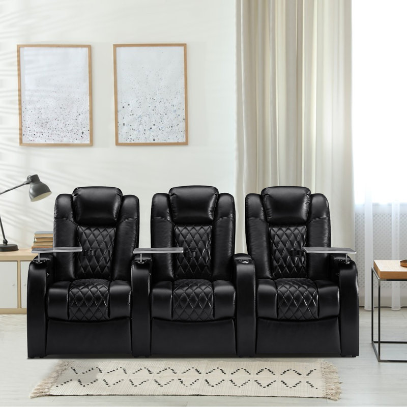 Leather Power Reclining Home Theater Seating with Cup Holder, Black Genuine Leather
