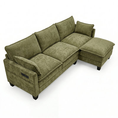 Modern Green Chenille Sofa Set, 3-seat Couch With Individual Matching Ottoman, Modular Living Room Furniture With Built-in Usb Ports And Side Pockets.