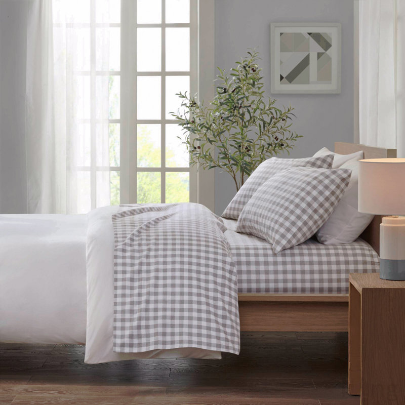 Ensemble de draps 4 pièces imprimé à carreaux gris à chevrons, Édredon double / grand + 4 pièces supplémentair