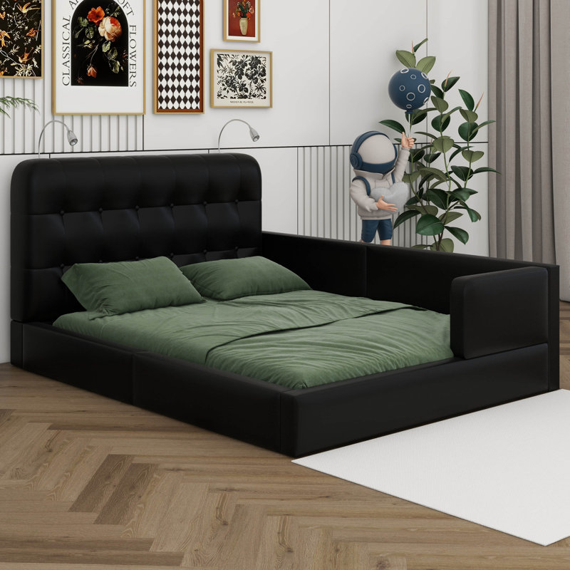 Modern Tufted Plattform Bed With Headboard, Queen PU Leather Floor Day Bed Frame, Black