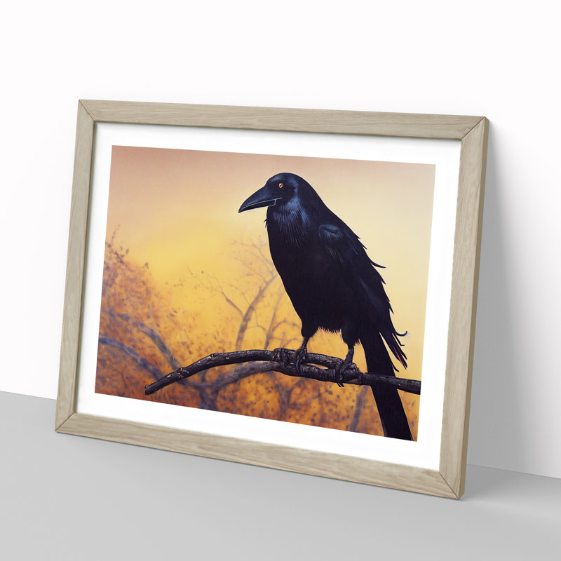 Masterful Crow Bird - Single Picture Frame Painting, 25cm H x 34cm W x 2cm D, Oak
