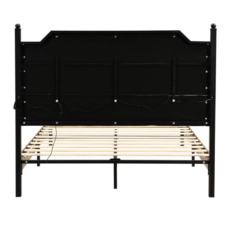 Structure de très grand lit avec tête de lit tapissier avec charge et lumières DEL tactiles, sous le rangement, aucun sommier tapissier requis, conception moderne et confortable, tête de lit en molleton d'agneau, fonctionnement silencieux