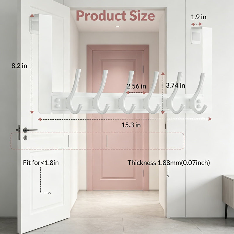 Heavy Duty Over The Door Hooks With 6 Hangers, No Drill Door Mounted Coat Rack For Clothes Towels Hats, Multi-Purpose Organizer For Bathroom Bedroom Closet Laundry Room