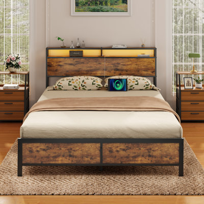 Industrial Bed Frame With LED Lights And 2 USB Ports, Bed Frame Size With Storage, Noise Free, No Box Spring Needed, Rustic Brown