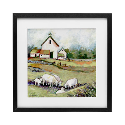 «Sheep Grazing at Barn», reproduction encadrée sous verre, conception de Susan Winget