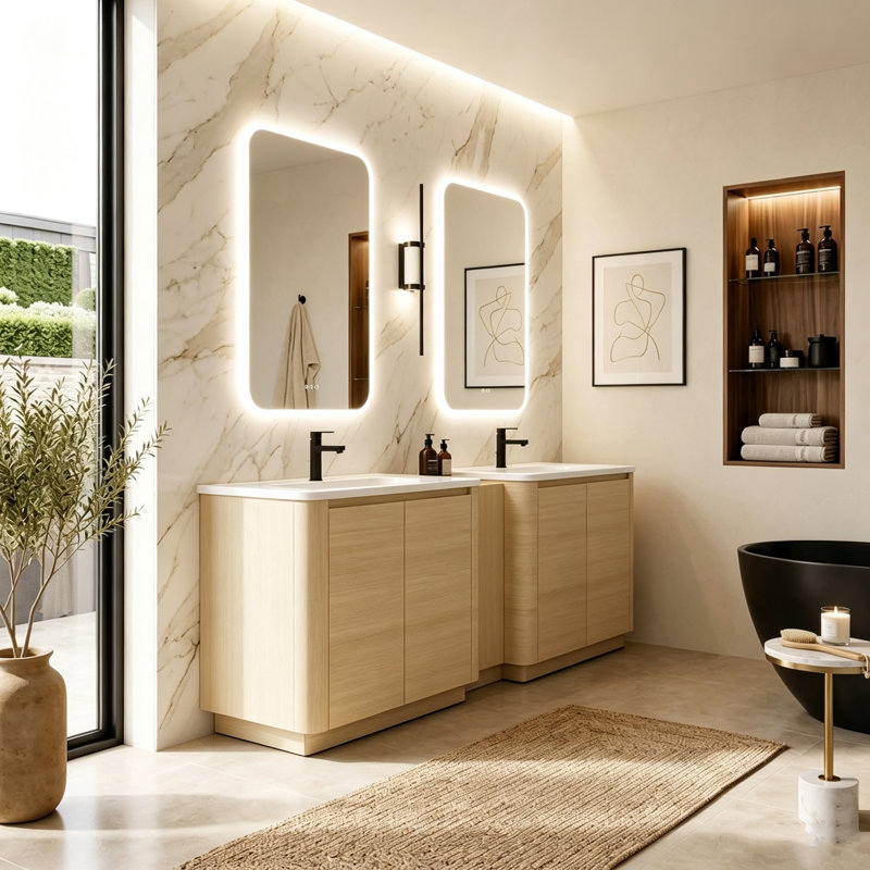 Meuble-lavabo double moderne avec éviers en céramique et armoire de rangement centrale, ensemble d'armoire écologique en contreplaqué sans peinture, portes à fermeture en douceur et tablettes réglables, autoportant