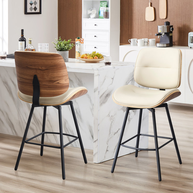 Tabourets de comptoir modernes pivotants en similicuir avec dossier en bois cintré, Beige