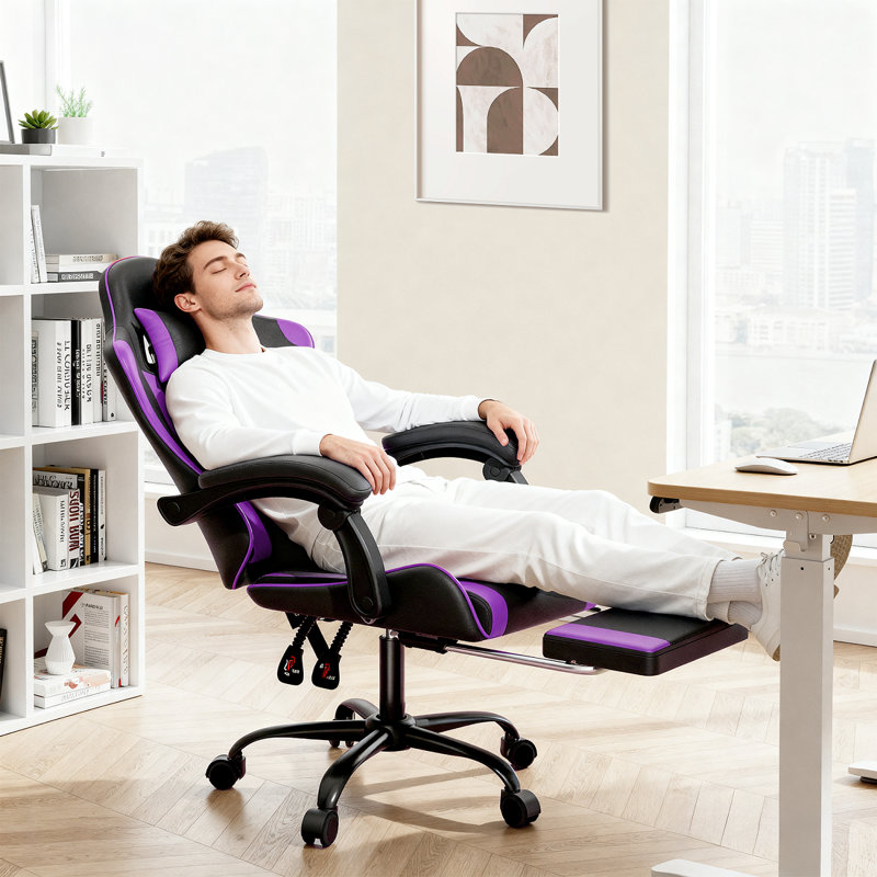 PU Leather Adjustable Gaming Chair, Ergonomic Desk Computer Chair with Headrest, Footrest and Lumbar Support, Purple