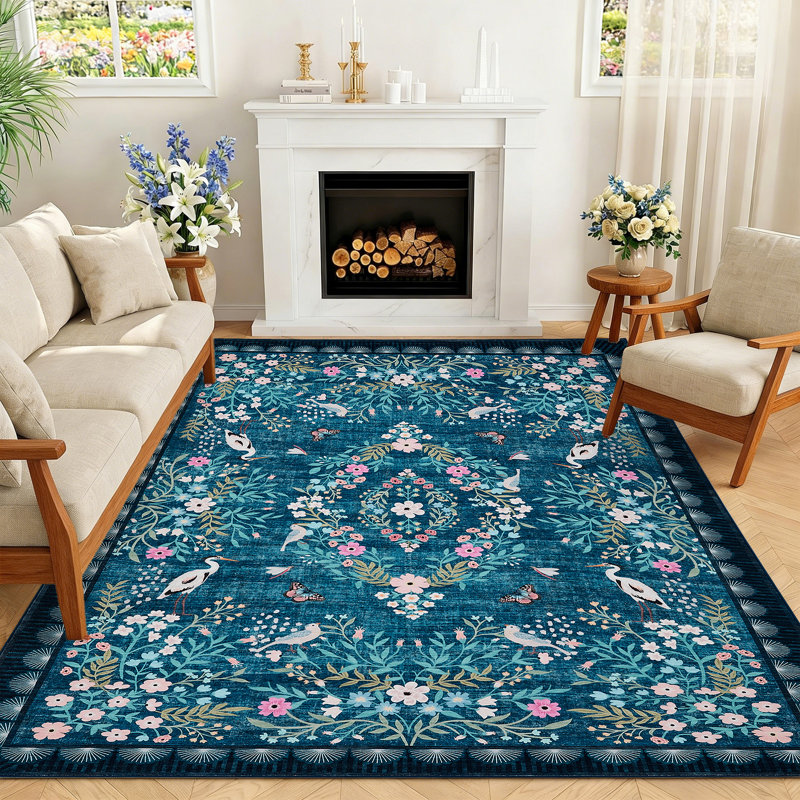 Floral Area Rugs for Living Room Bedroom, Washable Non Slip Vintage Floor Rugs Large Low Pile Oriental Distressed Carpet