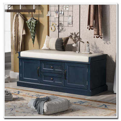 Storage Bench with 2 Drawers and 2 Cabinets, Shoe Bench with Removable Cushion for Living Room, Entryway