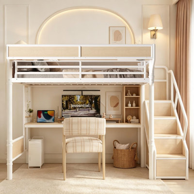 Lit mezzanine double en métal avec bureau intégré et prise de courant, bande de DEL, paniers de rangement en panneau perforé et en filet, escalier de rangement avec garde-robe, lit mezzanine peu encombrant pour dortoir, appartement, chambre pour ados et adultes, blanc.