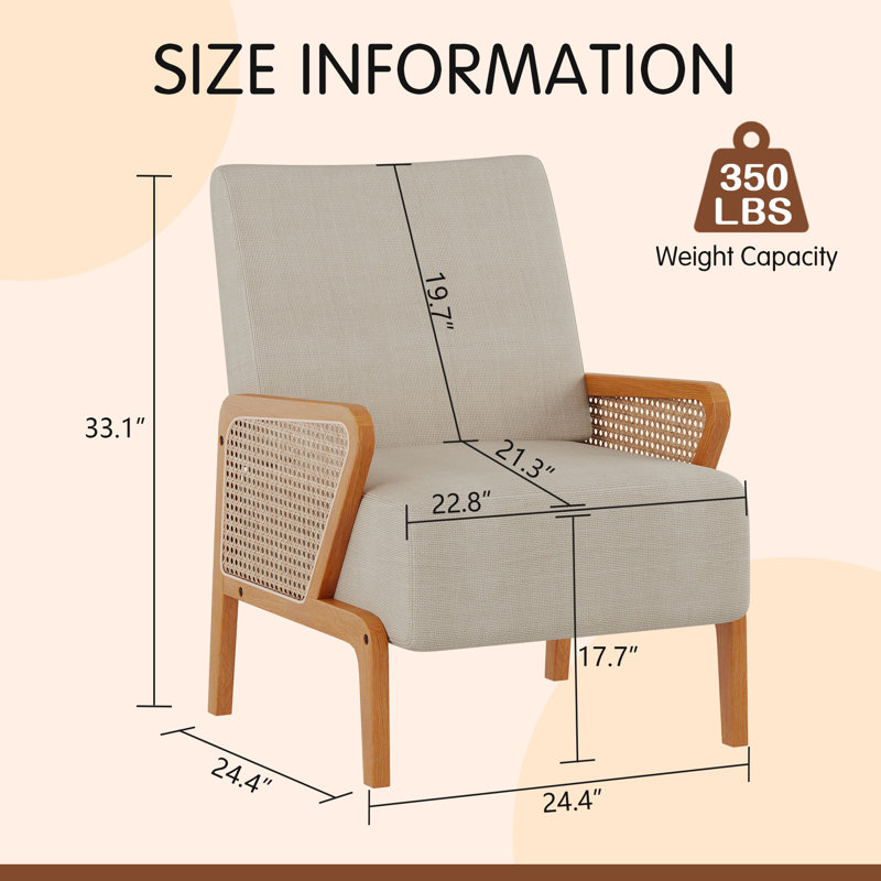 Upholstered Accent Chair With Rattan Arms And Solid Wood Legs, Beige Linen