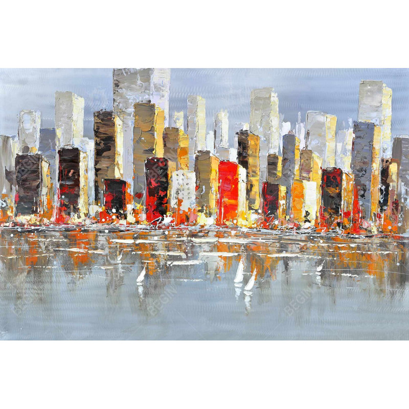 Gray Building Metal Print | Colorful Water Reflection Decor