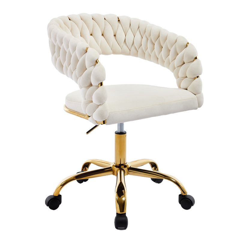 Woven Home Office Chair, Velvet Upholstered Desk Chair With Open Back, Height Adjustable Task Chair, Office Armchair With Wheels, Vanity Chair, Computer Chair For Office, Studio