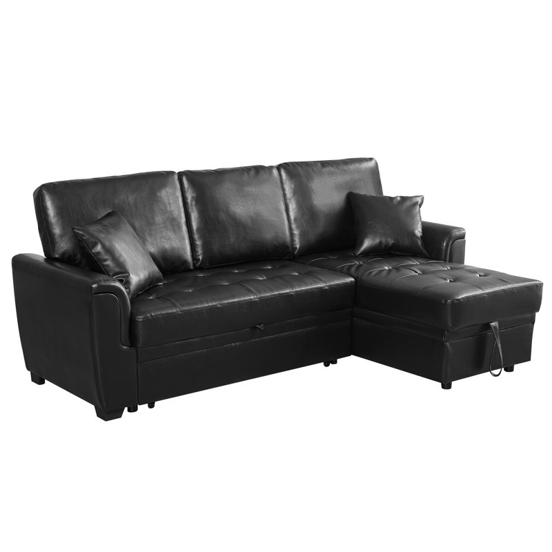 Canapé-lit modulaire 86 po en similicuir rembourré réversible, Similicuir noir