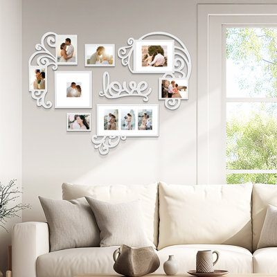 10 Pack Heart Shaped Love Theme Gallery Wall Frame Kit, Scroll Metal Style PVC Collage Frames Fits 4x4/4x6/5x7/5x8 Photos for Wedding Bedroom Romantic Memory Decor, White