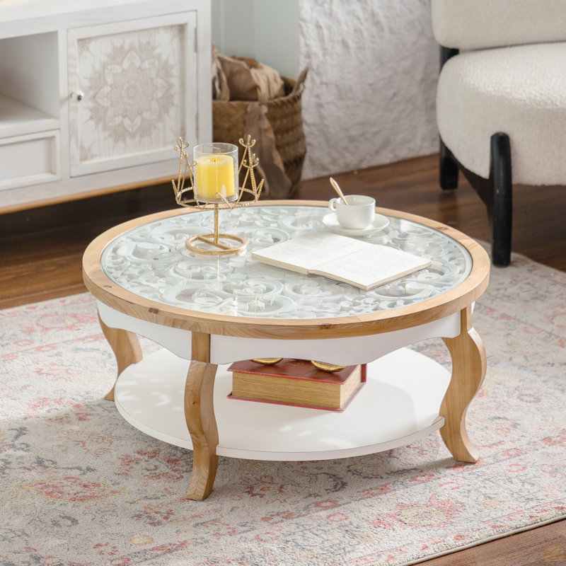 Table basse ronde en bois avec plateau en verre, centre de table circulaire en bois massif