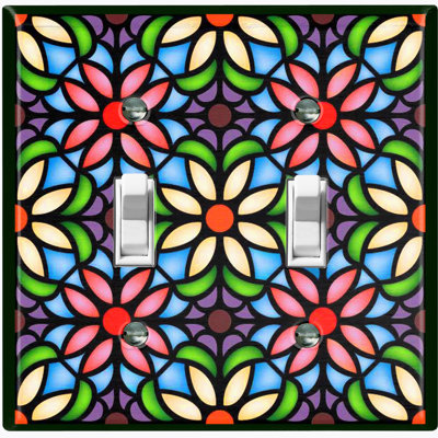 Metal Light Switch Plate Outlet Cover (Stained Glass Colourful Flower Print - Single Toggle)