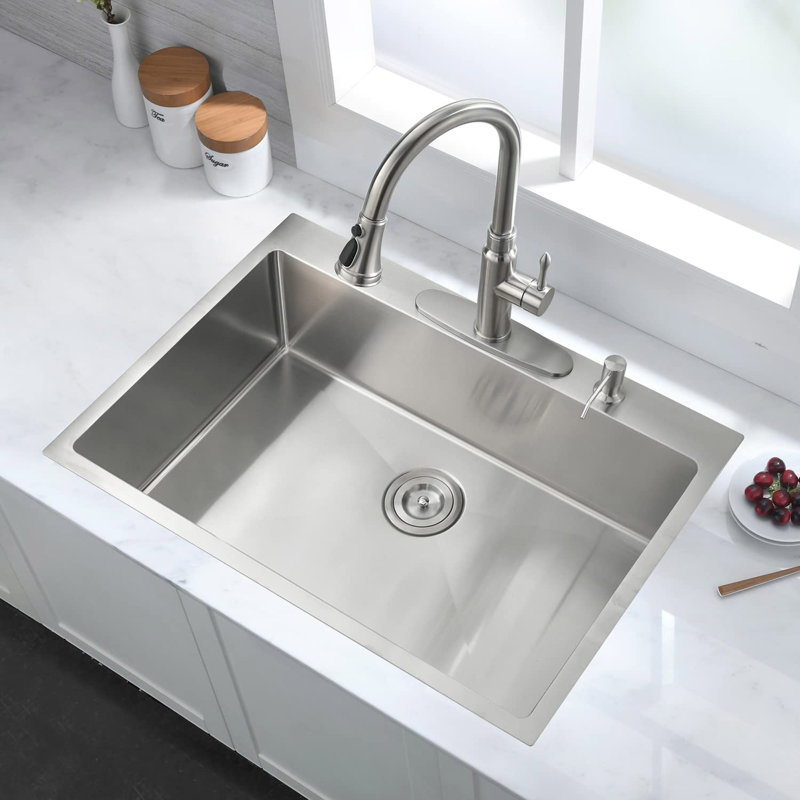 Stainless Steel 30 In 2-Hole Single Bowl Drop-In Kitchen Sink With Bottom Grid And Basket Strainer