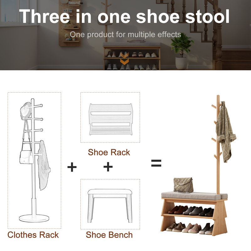 Solid Wood Entryway Bench with Integrated Shoe Rack & Coat Hooks – Angled Side Design, 65.75'' H x 31.5'' W x 13.78'' D, Tan