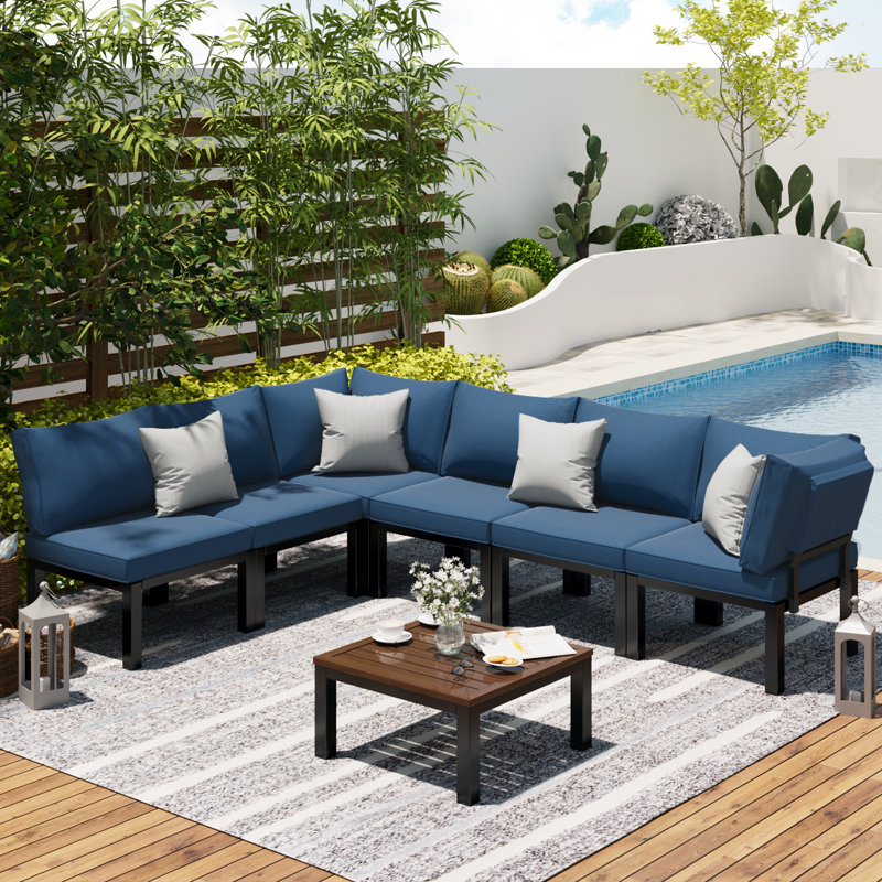 6 - Person Sectional Seating Group with Cushions, Blue