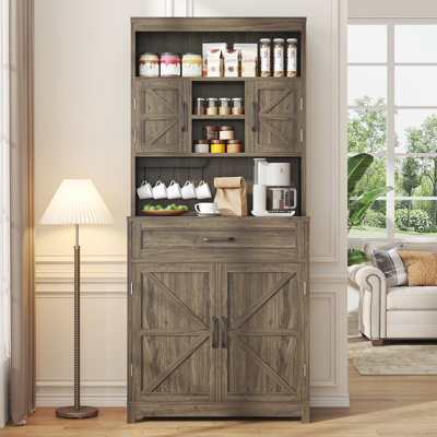 69.3" Tall Kitchen Pantry Cabinet With 2 Barn Doors, 1 Drawer, Adjustable Shelves, Wide Countertop & Usb Charging Holes, Farmhouse Storage Cupboard by Gracie Oaks