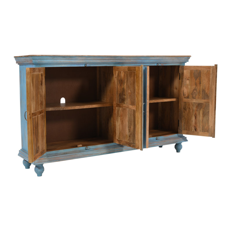 Freitag 71" Solid Wood Boho Distressed Sideboard Cabinet with Artisan Carved Doors