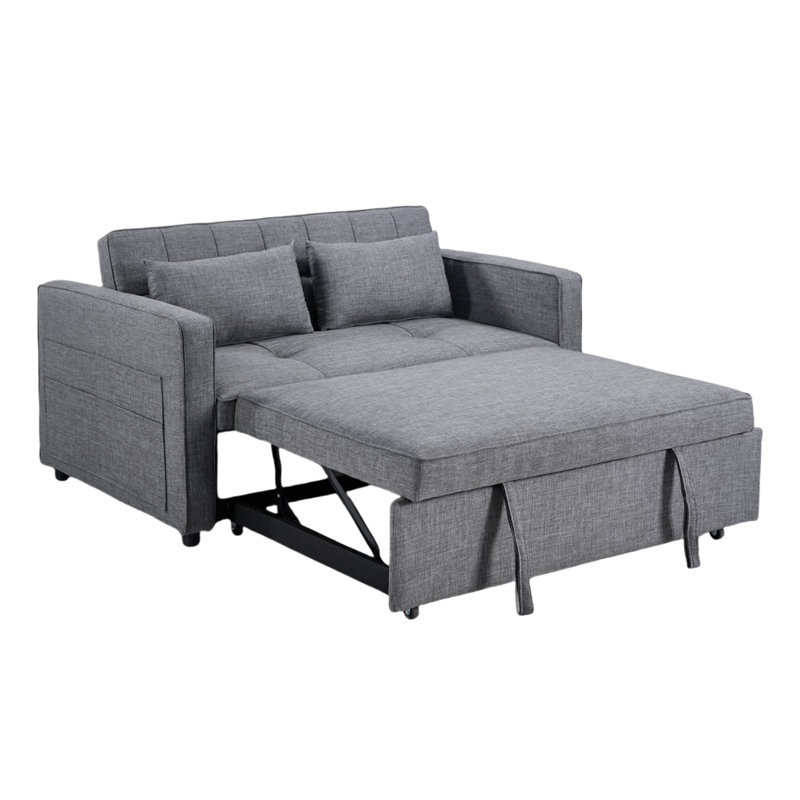 Canapé-lit rembourré en lin de 55,5 po de largeur avec coussins décoratifs, Gris