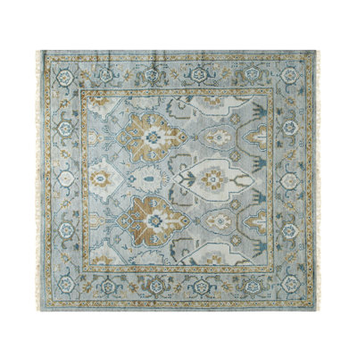 Gray Hand-Knotted Wool Framed Rosettes Geometric Modern Contemporary Carpet Rug