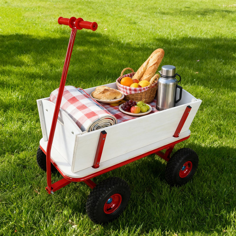 Wagon rouge pour enfants avec coffre de rangement en bois, chariot tout-terrain pour le jeu et le jardinage