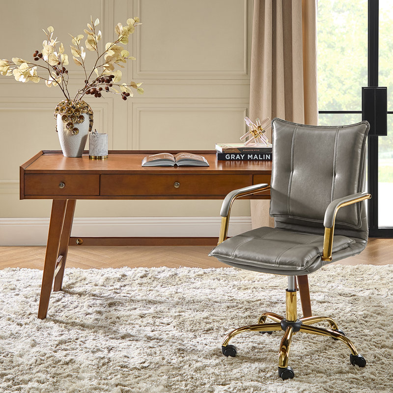 Lundgren Mid Century Modern 2-Piece Faux Leather Office Chair with Padded Arms and Solid Wood Built-in Outlets Desk Set, Gray