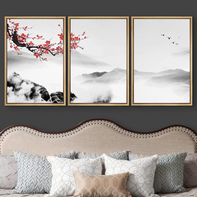 Chinoiserie Red Cherry Blossoms Over Misty Mountain Range Nature Wilderness Illustrations Modern Art Cultural