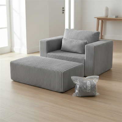 Compression Leisure Chair With Footstool, Deep-seat Corduroy Sofa, No Assembly Required