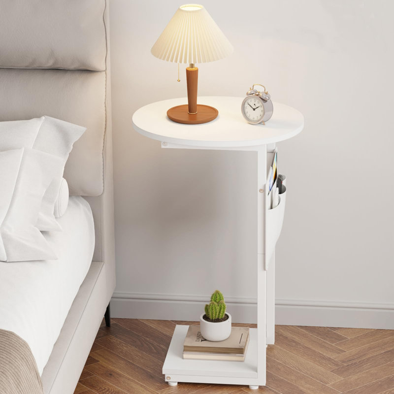 C Shaped End Table For Couch, Side Table For Couch, Small Couch Side Table For Small Spaces, Slide Under Sofa Table TV Tray With Metal Frame For Living Room, Bedroom (White)