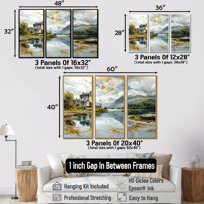 Ensemble de salon Eilean Donan, H 28 po x l 36 po x P 1 po, Toile avec cadre flottant or