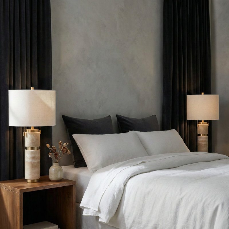 Modern Round Travertine Table Lamp With 2 Pulls for Bedroom Bedside Use - Small Accent Lighting with Drum Shade for Desk or Living Room - 26", Tan & Gold