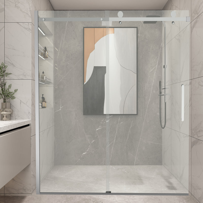 Porte de douche coulissante simple sans cadre de 55 à 59 po x H 75 po avec verre transparent, Nickel