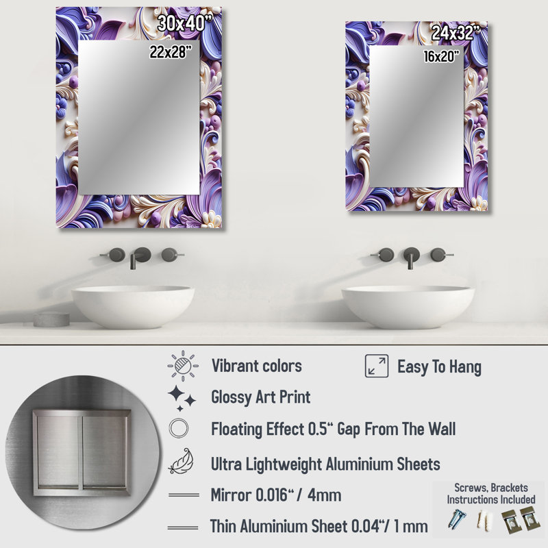 Mauve, lavande mauve, motif persan - miroir cachemire, miroir mural unique Glam, impression d'art en métal, 40 po x 30 po