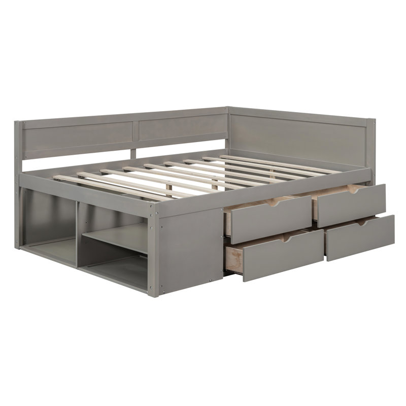 Lit de jour double avec tiroirs et tablettes, gris - construction solide, espace de rangement pratique pour tablette et tiroir, taille, lit moderne