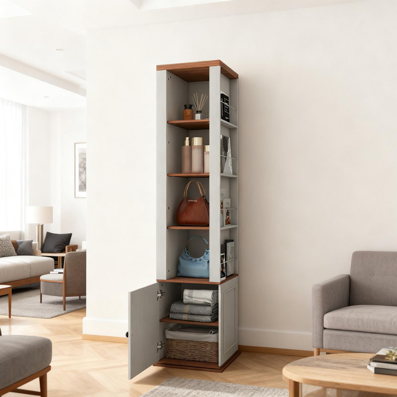 Armoire de rangement rotative à 360 ° avec miroir pleine longueur, tablette réglable, crochets et tablettes à plusieurs niveaux