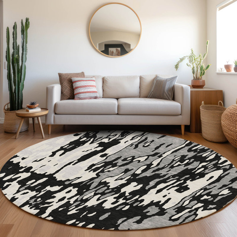 Premium Machine Washable Prisco Black Rug, Round 8'
