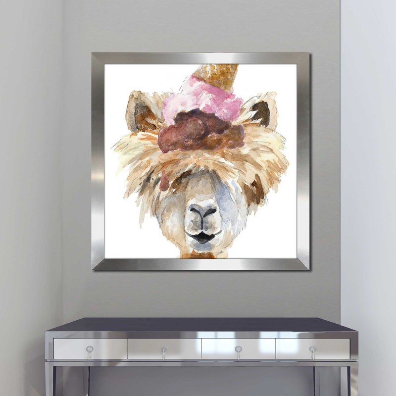 «Ice Cream Llama (Square)» par Lanie Loreth, reproduction, H 31,5 po x l 31,5 po x P 1 po, Encadrement argenté
