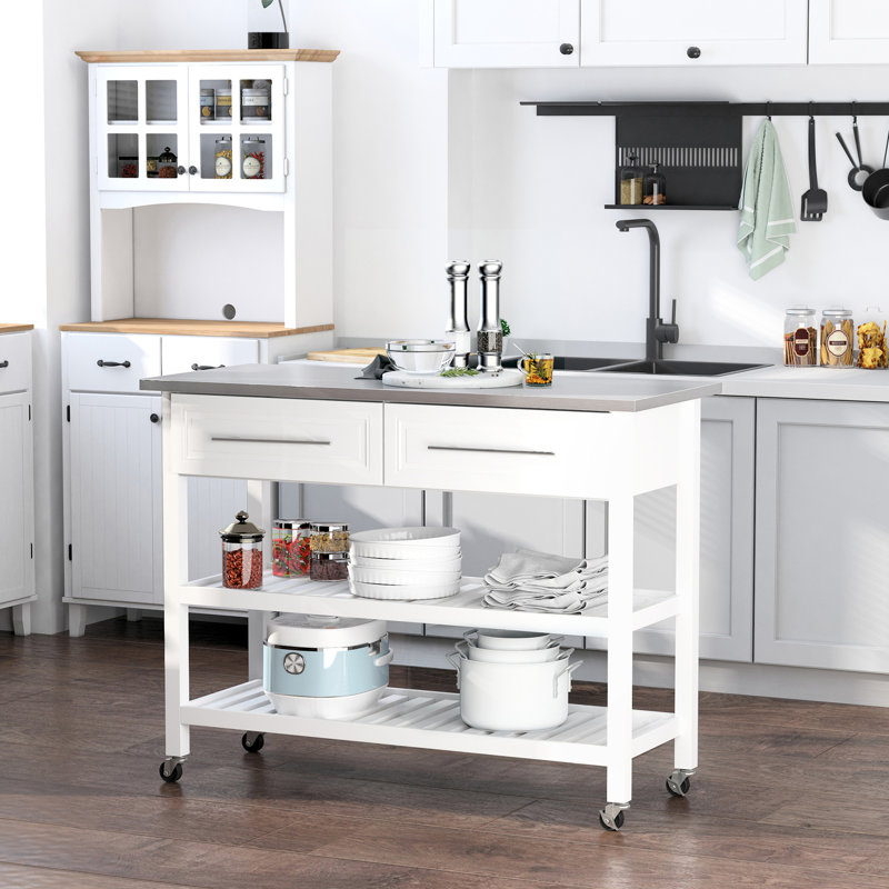 3 Kitchen Island, Stainless Steel Countertop, Rustic Style With Drawers And Shelves, Grey, Space Saving Island Drawers, Surface White Pine Style, Storage Solution