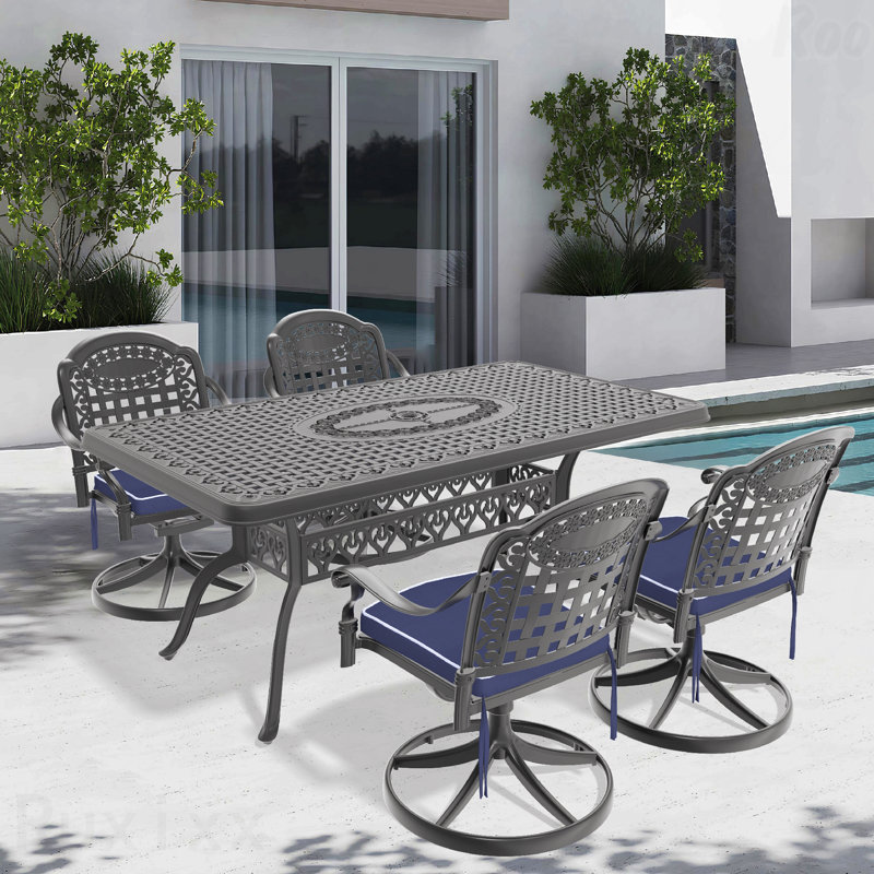 Ensemble de salle à manger 5 pièces en fonte d'aluminium toutes saisons comprenant 4 chaises pivotantes et une table rectangulaire avec cadre noir