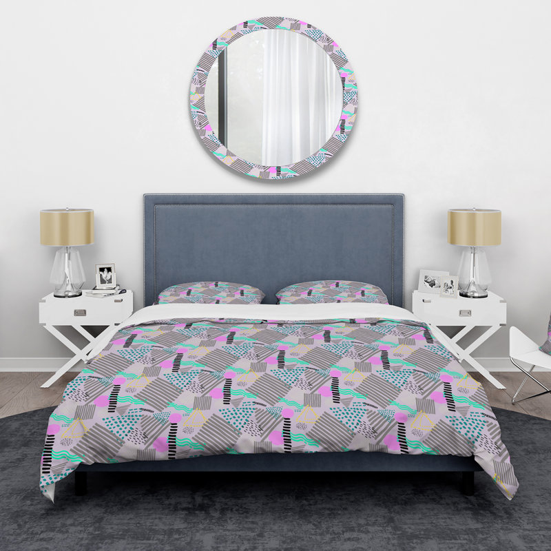 Formes géométriques rétro en noir gris et rose II - ensemble de housse de couette moderne - microfibre de polyester