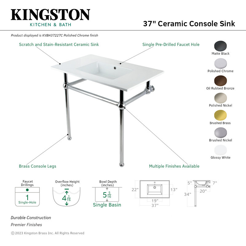 Kingston Brass Templeton 37-Inch Ceramic Console Sink with Brass Legs, White/Oil Rubbed Bronze, Single
