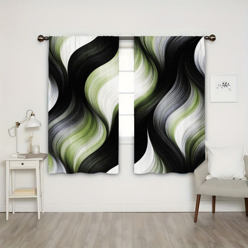 2PCS Abstract Swirl Decor Light Filtering Curtains with Black Green White Wavy Pattern, Modern Home Accent, Easy Hang Rod Pocket Design, All-Season for Living Room Bedroom Cabinet Decoration